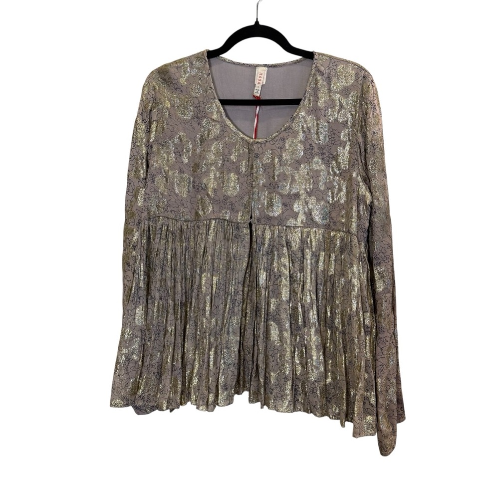 RAGA Women’s Gold Metallic and Taupe Peplum Flowy Elegant Boho Flowy Blouse sz L